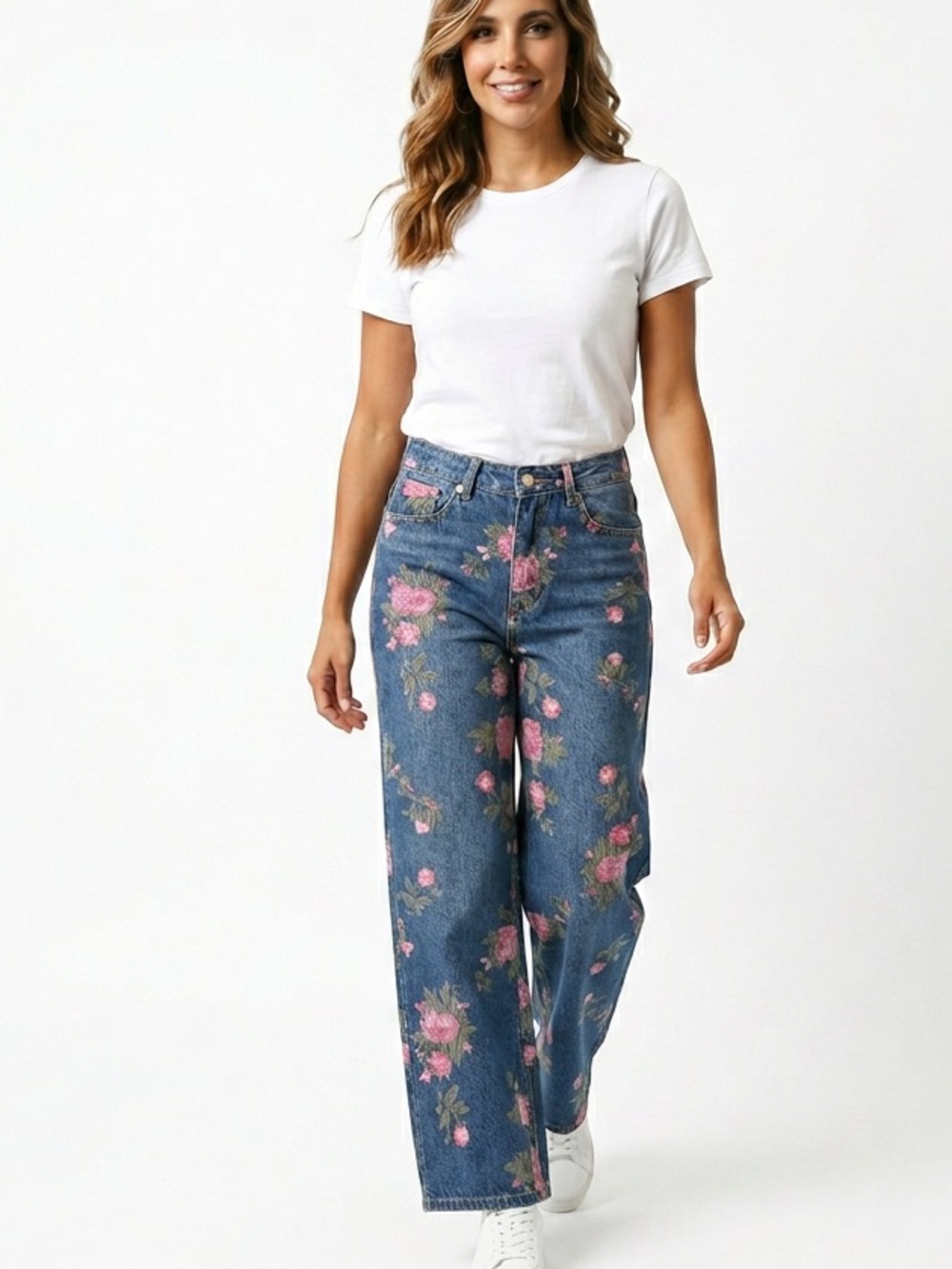 Floral Wide Leg Denim Jeans – Medium Wash – Size Medium
